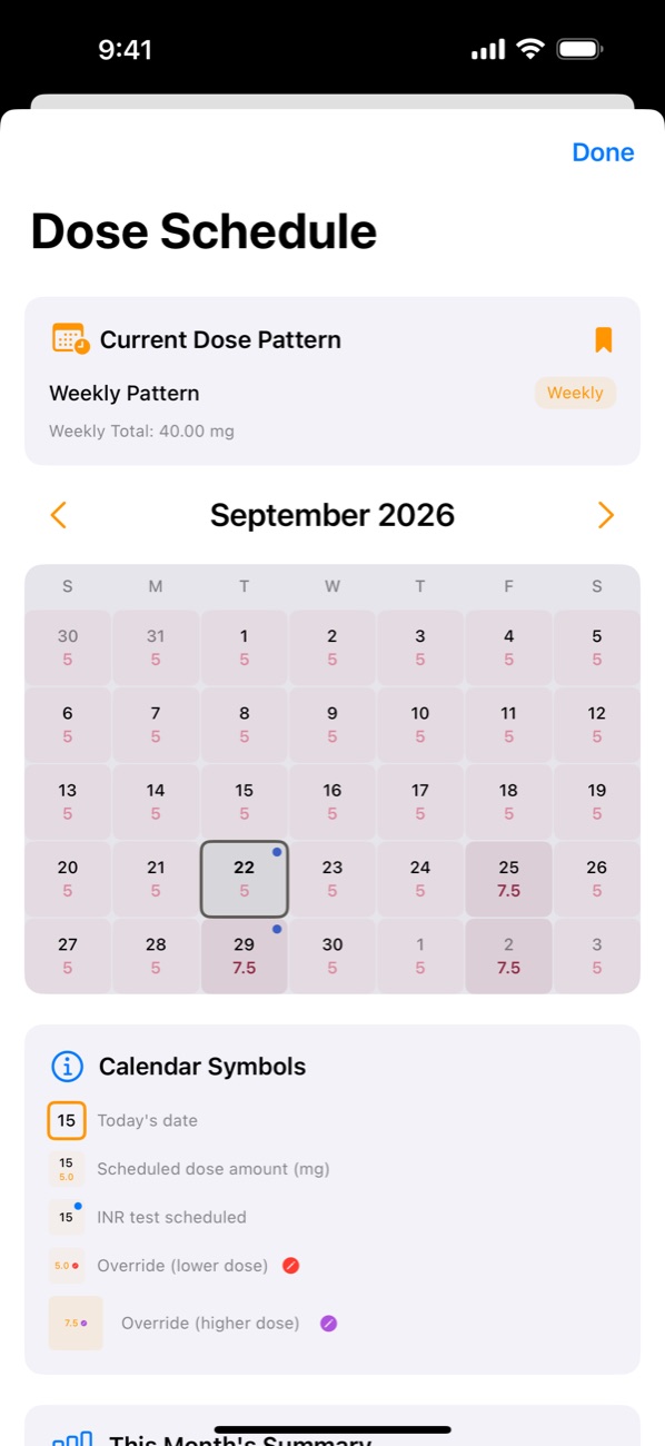 Dose Schedule: a month calendar showing the dose for each day