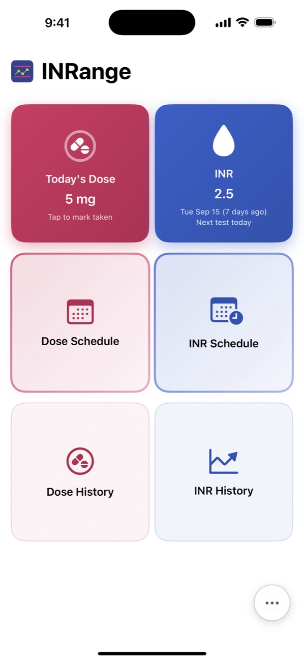 INRange home screen on iPhone: today's 5 mg dose, the latest INR of 2.5, and shortcuts to the dose and INR schedules and histories
