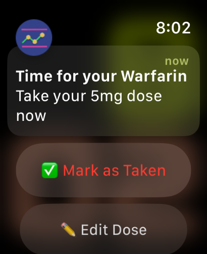 An INRange dose reminder on Apple Watch: &ldquo;Time for your Warfarin &mdash; Take your 5mg dose now&rdquo;, with Mark as Taken and Edit Dose buttons
