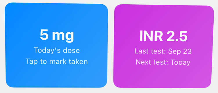The INRange medium Home Screen widget: today&rsquo;s dose, 5 mg, with &ldquo;Tap to mark taken&rdquo;, and INR 2.5 with the last and next test dates